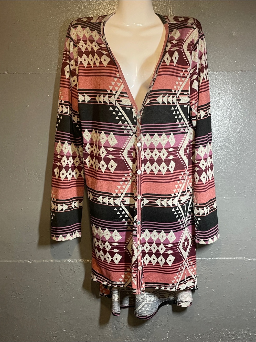 About A Girl Maroon and Cream Geometric Knit Cardigan